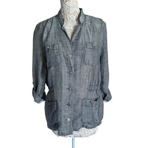 Chico's Sheer Gray Striped Button Up Peplum Lightweight Jacket size Large